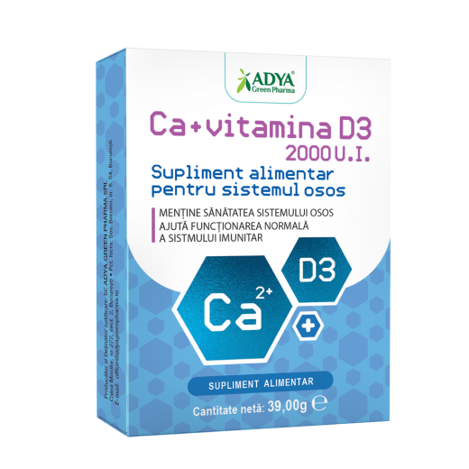 Calciu + vitamina D3, supliment alimentar pentru sistemul osos, 30 comprimate masticabile, Adya Green Pharma