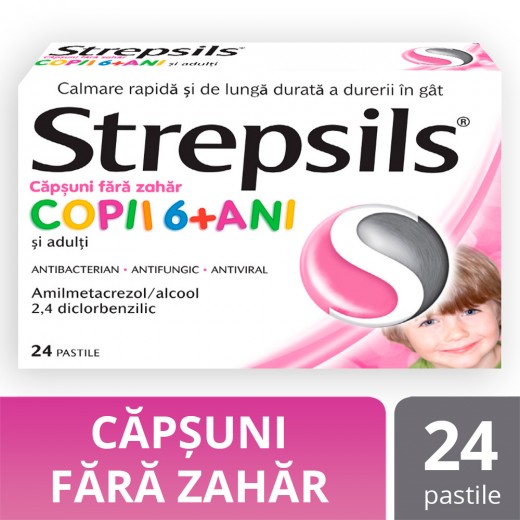 Strepsils capsuni fara zahar pentru copii 6+  24 comprimate